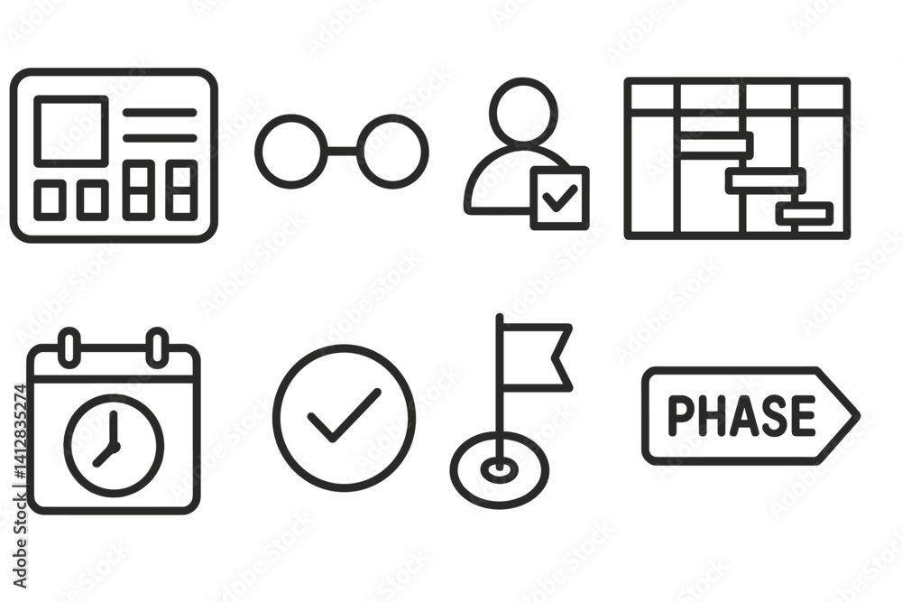 Poster outline vector icons of project management: kanban board, gantt chart, deadline icon, task list, tea