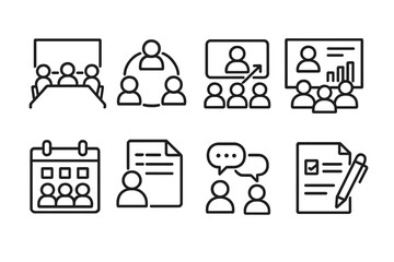 outline vector icons of team meetings: conference room, roundtable discussion, screen share icon, calendar invite, team presentation, meeting agenda, talking points, follow-up note. set of line style