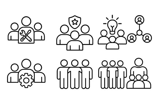 outline vector icons of cross-functional teams: mixed skills icon, role badge, shared knowledge, diverse roles, collaboration icon, multifunctional group, joint effort, expertise mix. set of line