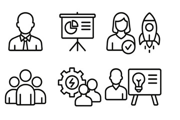 outline vector icons of startup teams: founder icon, pitch deck, product owner, MVP icon, startup rocket, team hustle, brainstorming gear, idea board. set of line style icons in a modern, minimalist