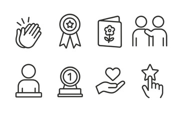 outline vector icons of team recognition: applause icon, badge of honor, thank you note, peer kudos, employee of month, reward token, appreciation hand, feedback star. set of line style icons in a