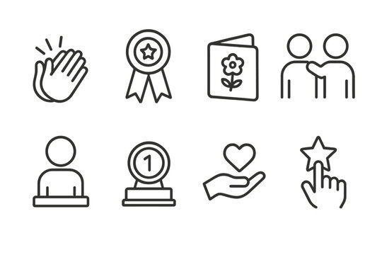 outline vector icons of team recognition: applause icon, badge of honor, thank you note, peer kudos, employee of month, reward token, appreciation hand, feedback star. set of line style icons in a