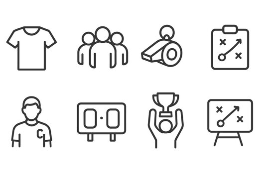 Sports team strategy icon set: linear coaching and management symbols