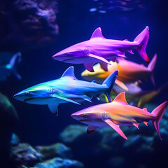 Obraz premium A group of colorful sharks swimming in a tank. The colors are bright and vibrant, creating a lively and energetic atmosphere