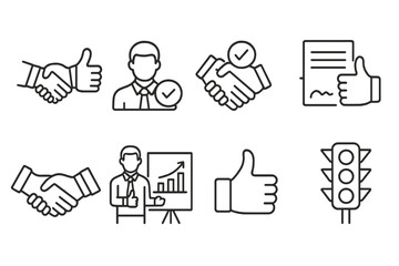 outline vector icons of business approval icons: handshake with thumb, client approval, deal closed icon, business like, green light for contract, agreement thumbs, successful pitch, sales thumbs up.