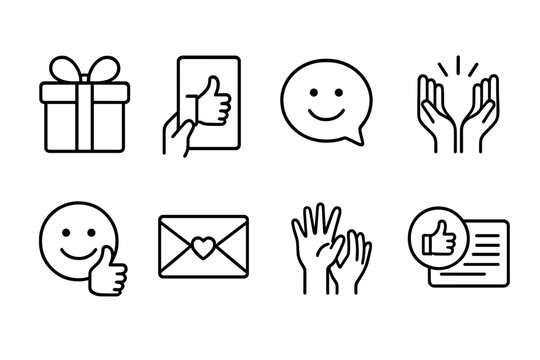 outline vector icons of appreciation gestures: gift icon, thumbs up card, thanks bubble, gratitude hands, smile with thumb, appreciation letter, team cheer, positive mention. set of line style icons