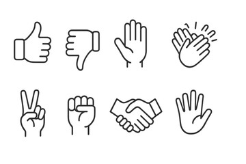 Obraz premium Hand gesture icons set featuring thumbs up, clapping, peace sign, handshake, and more
