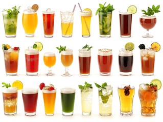 Variety of Cocktails and Drinks on White Background