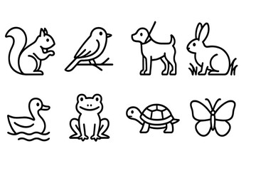 outline vector icons of park animals: squirrel, bird on branch, dog with leash, rabbit in grass, duck in pond, frog, turtle, butterfly. set of line style icons in a modern, minimalist design.