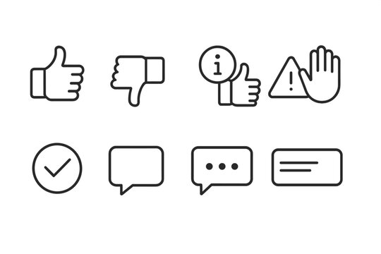 outline vector icons of user feedback tools: thumbs up, thumbs down, emoji scale, comment box, feedback popup, survey icon, review form, star rating. set of line style icons in a modern, minimalist