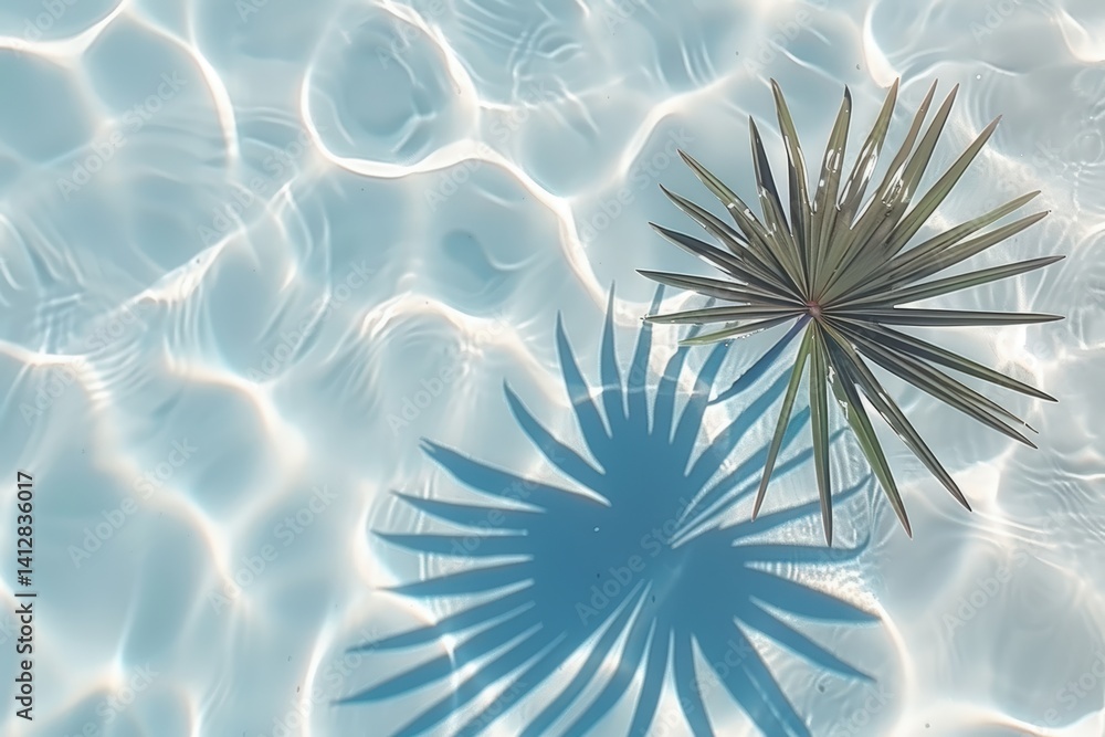 Poster a serene pool scene featuring rippling water and the shadow of a spiky plant, creating a tranquil an