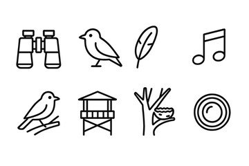 outline vector icons of birdwatching in parks: binoculars, bird silhouette, feather icon, bird call note, bird on branch, observation deck, nest in tree, camera lens. set of line style icons in a