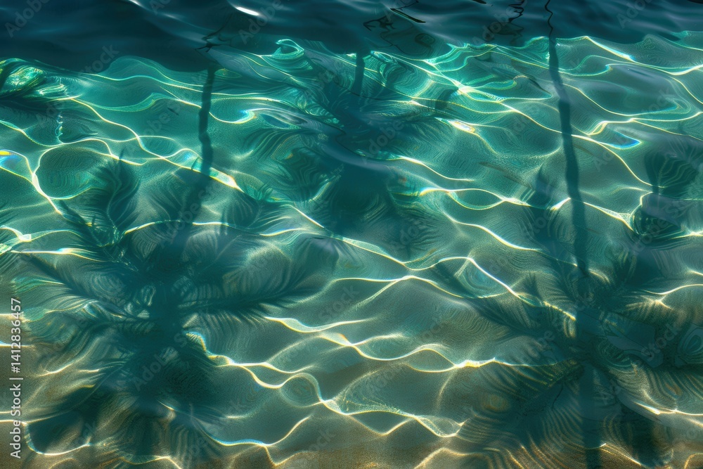 Poster a serene image of rippling water reflecting palm tree shadows, creating a tranquil and vibrant under