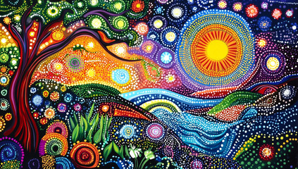 A detailed and colorful painting of an indigenous dot art pattern depicting the natural world.