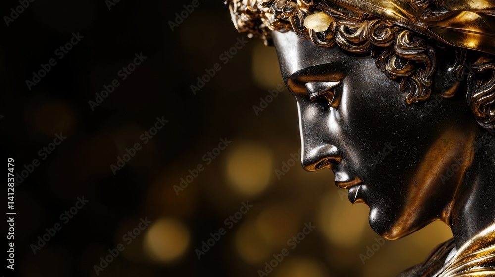 Poster a stunning bronze sculpture captures the profile of a figure with intricate curls and defined facial