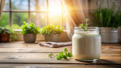 A sunlit jar of creamy yogurt sits on a rustic wooden table, garnished with fresh herbs and surrounded by potted plants near a window.