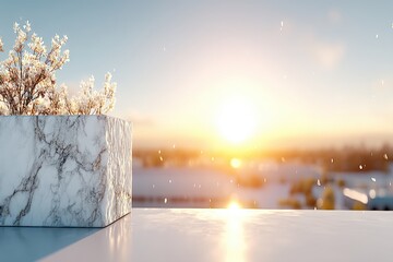 A serene sunrise scene featuring a potted plant on a marble table, with soft rain droplets adding to the tranquil atmosphere.