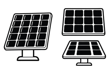 set of Solar Energy Icons in Black Silhouette, Solar Panel Icons for Renewable Energy Projects. Minimalist Vector Set of Solar Panel Designs