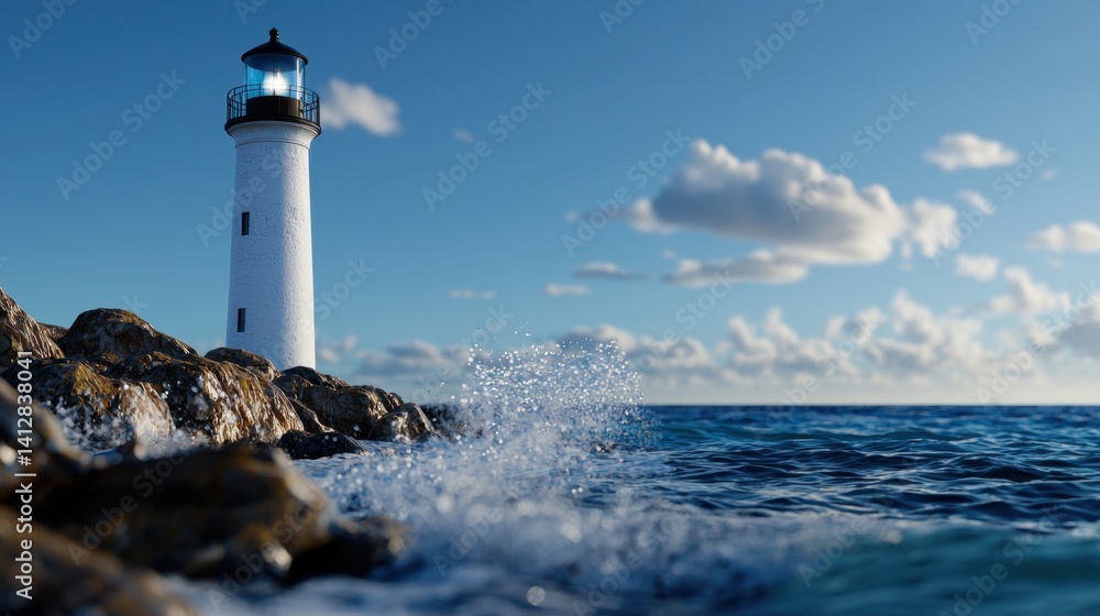 Poster waves crash against rocks while a lighthouse overlooks the calm ocean. the sky is dotted with clouds