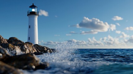 Waves crash against rocks while a lighthouse overlooks the calm ocean. The sky is dotted with clouds, creating a serene atmosphere at dusk along the coastline.