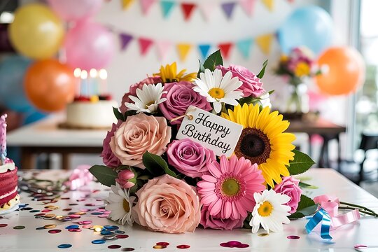 Festive birthday celebration featuring vibrant flowers and cheerful decorations