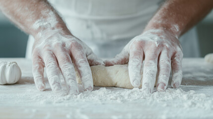 Hands kneading dough on floured surface in rustic kitchen setting
