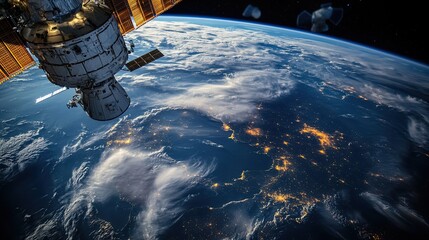 Low Angle Shot of Orbital Space Station Above Earth at Night