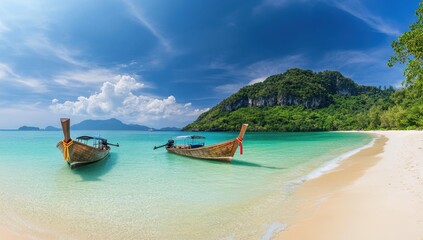 Fototapeta premium Serene Tropical Beach with Traditional Wooden Boats Under a Clear Blue Sky and Lush Green Island Background