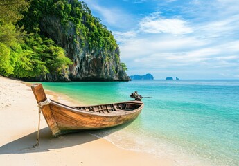Obraz premium Serene Tropical Beach with Wooden Boat, Crystal Clear Waters, Lush Greenery, and Dramatic Cliffs Under Bright Blue Skies in a Paradise Setting