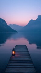 Tranquil lake sunrise, tranquil morning light, peaceful wooden dock, warm candlelight