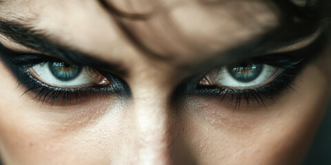 Obraz premium Intense gaze of caucasian young adult with dramatic eye makeup in close up view