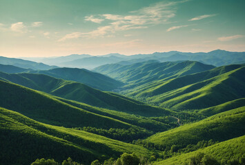 Green Horizon Mountain Landscape at Morning, Sunlit Alpine Valley, Dew-Fresh Wilderness Panorama, Vibrant Dawn in Nature