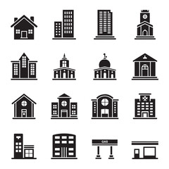 Fototapeta premium building icons set, Black Building Icons Set - Vector City Architecture and Infrastructure Symbols