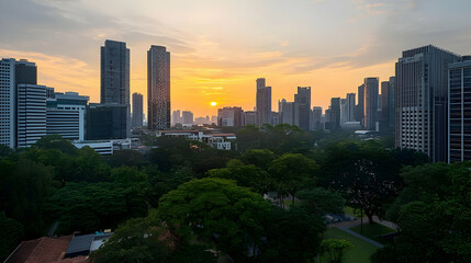 Sunset City Skyline With Lush Parkland