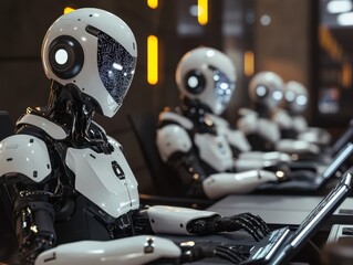 Fototapeta premium Robotic Workforce: A futuristic look at a line of advanced robots, each diligently working on their own individual laptop, signifying progress and innovation in the realm of artificial intelligence.