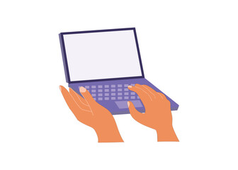 Hands typing on a purple laptop computer