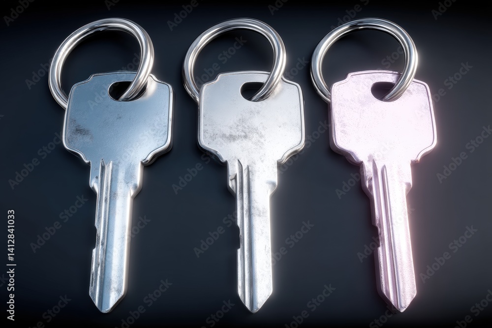 Poster three metallic keys on a keyring, showcasing shiny surfaces against a dark background, emphasizing t