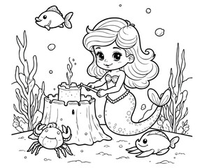 Mermaid Building Sandcastle with Crab Underwater Coloring Page