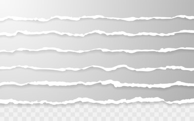 Horizontal torn paper edge. Ripped squared horizontal white paper strips. Vector illustration