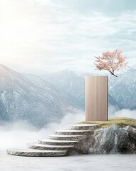 Surreal Landscape with Staircase Leading to a Minimalist Wooden Door Surrounded by Nature and Mountains Under a Soft Cloudy Sky