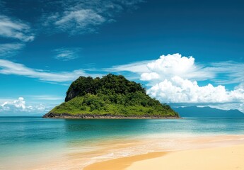 Fototapeta premium Serene Tropical Island Surrounded by Clear Blue Water and Lush Green Vegetation Under a Bright Sky with Fluffy White Clouds and Stunning Scenery