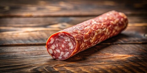 A single piece of cured sausage rests on a rustic wooden surface