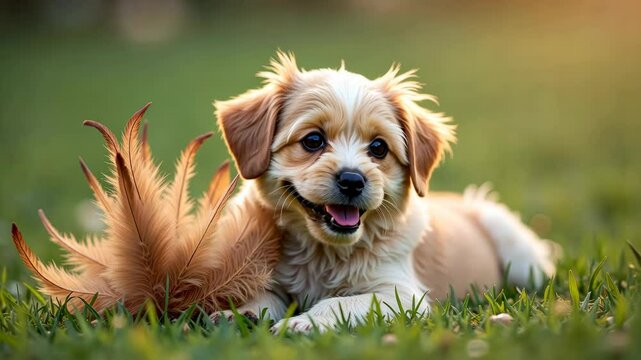 A playful puppy enjoying a sunny day in the grass, full of life and happiness with a soft toy.
