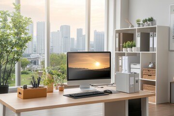 Modern Office Workspace with Computer and Natural Light Overlooking Cityscape at Sunset