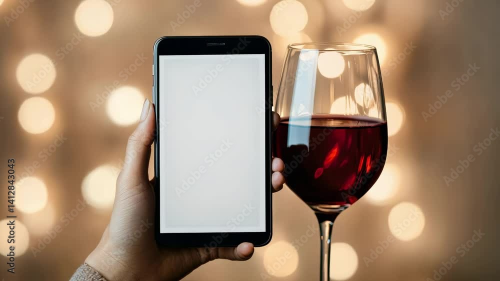Aufkleber woman presenting mobile phone with blank white screen and glass of red wine on blurred background wi