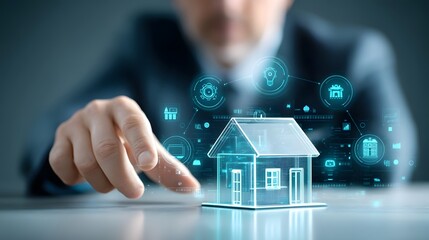 Professional 3D-rendered house with floating business icons and blurred suited figure