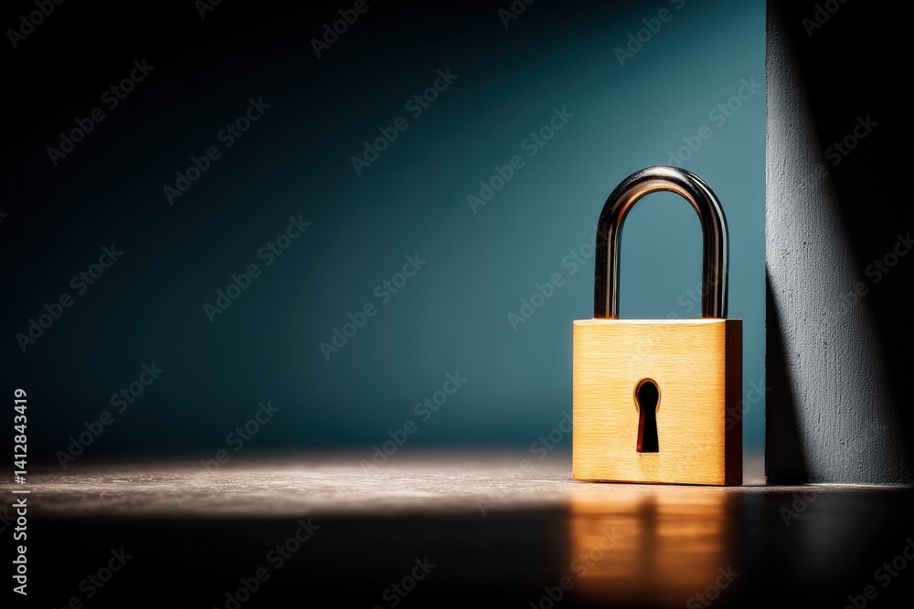 Poster a close-up image of a golden padlock casting shadows against a dark background, symbolizing security