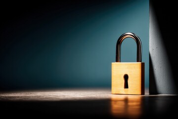 Naklejka premium A close-up image of a golden padlock casting shadows against a dark background, symbolizing security and protection.