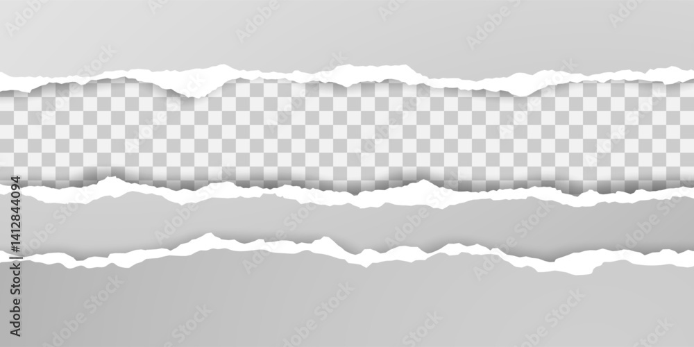 Poster set of torn paper stripes. paper texture with damaged edge isolated on transparent background. vecto