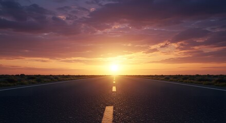 Road Leading to Sunset with Dramatic Sky and Cloudscape